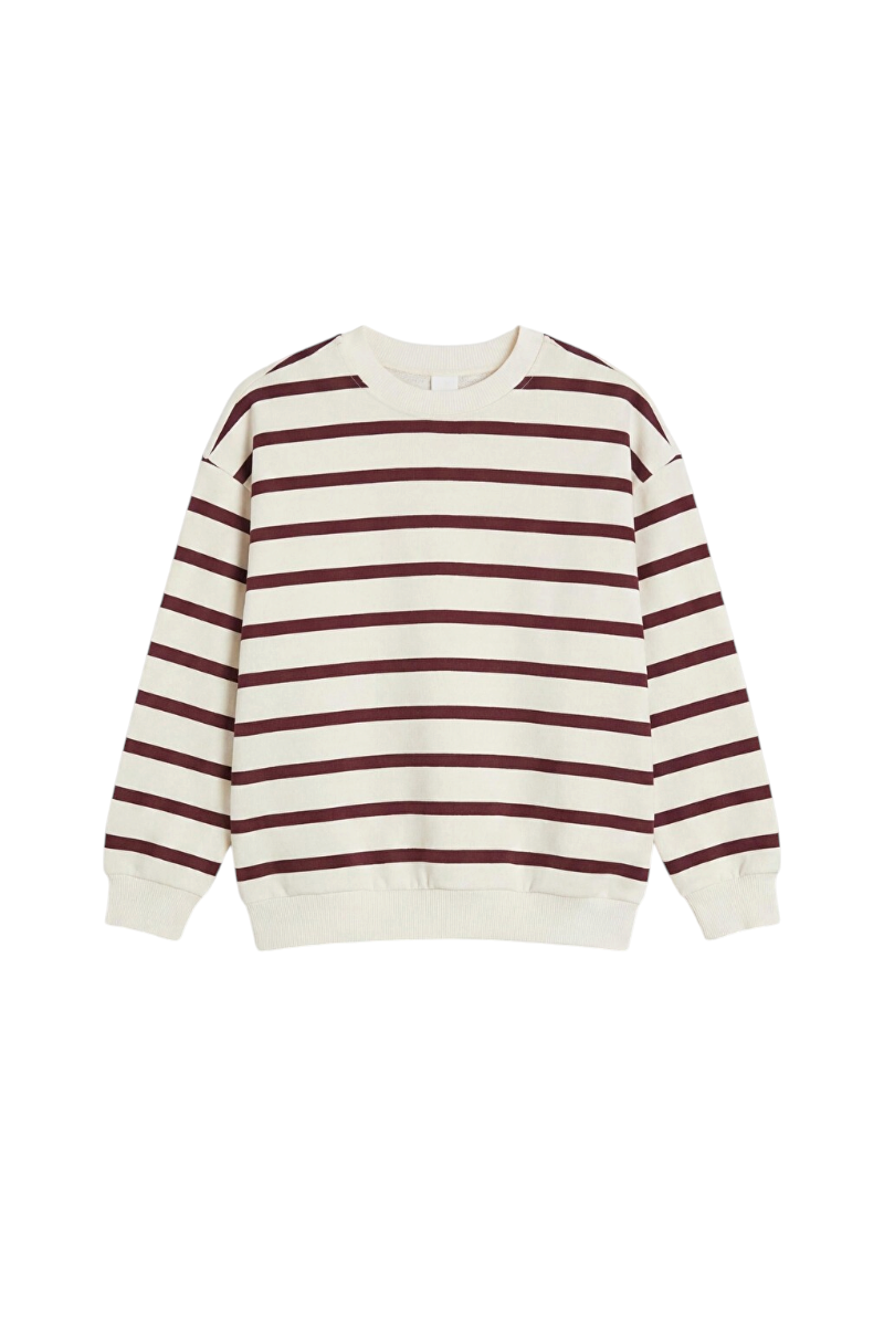 Sporline LC Waikiki beyaz ve kahverengi çizgili, %100 pamuklu çocuk sweatshirt