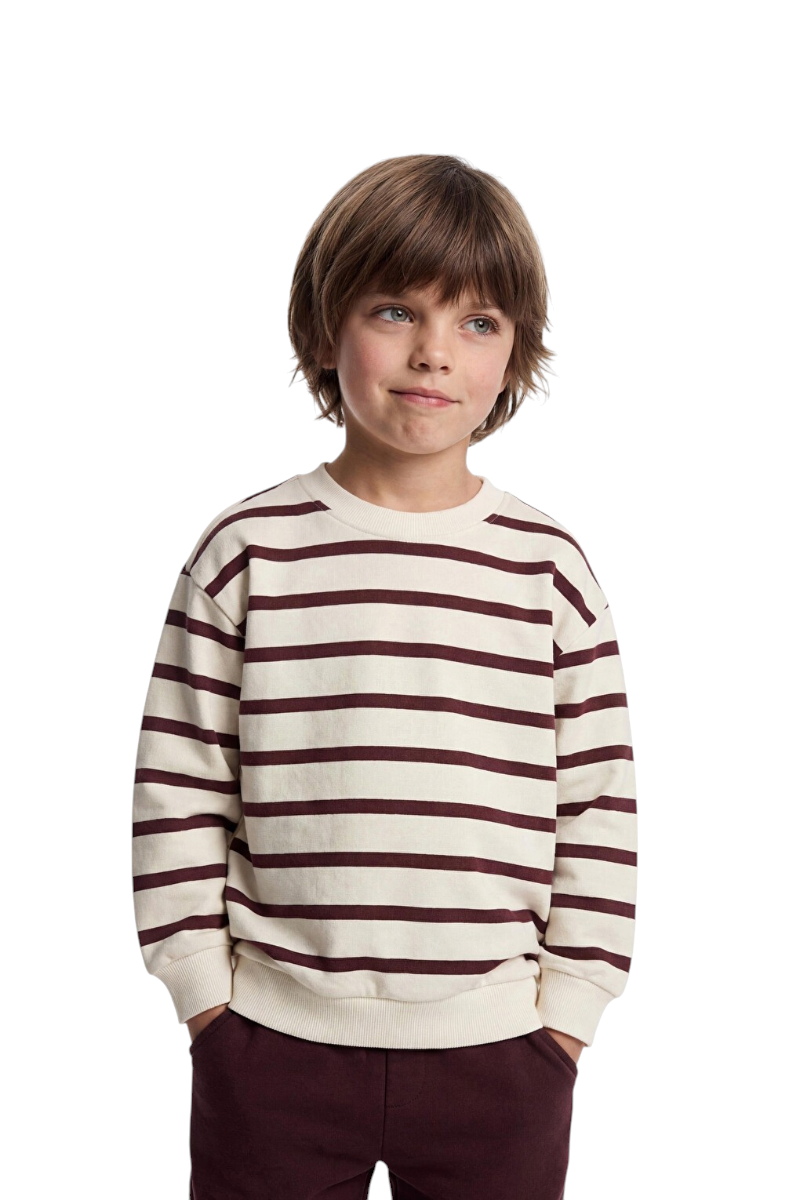 Sporline LC Waikiki çocuk beyaz kahve çizgili pamuklu sweatshirt ve pantolon takımı giyen erkek çocuk