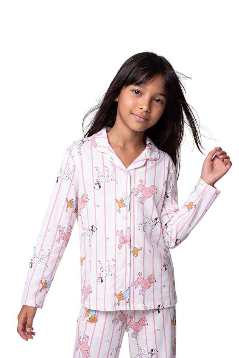 Sporline LC Waikiki çocuk pijama takımı, köpek ve kalp desenli, gömlek yakalı, uzun kollu, parlak beyaz pijama