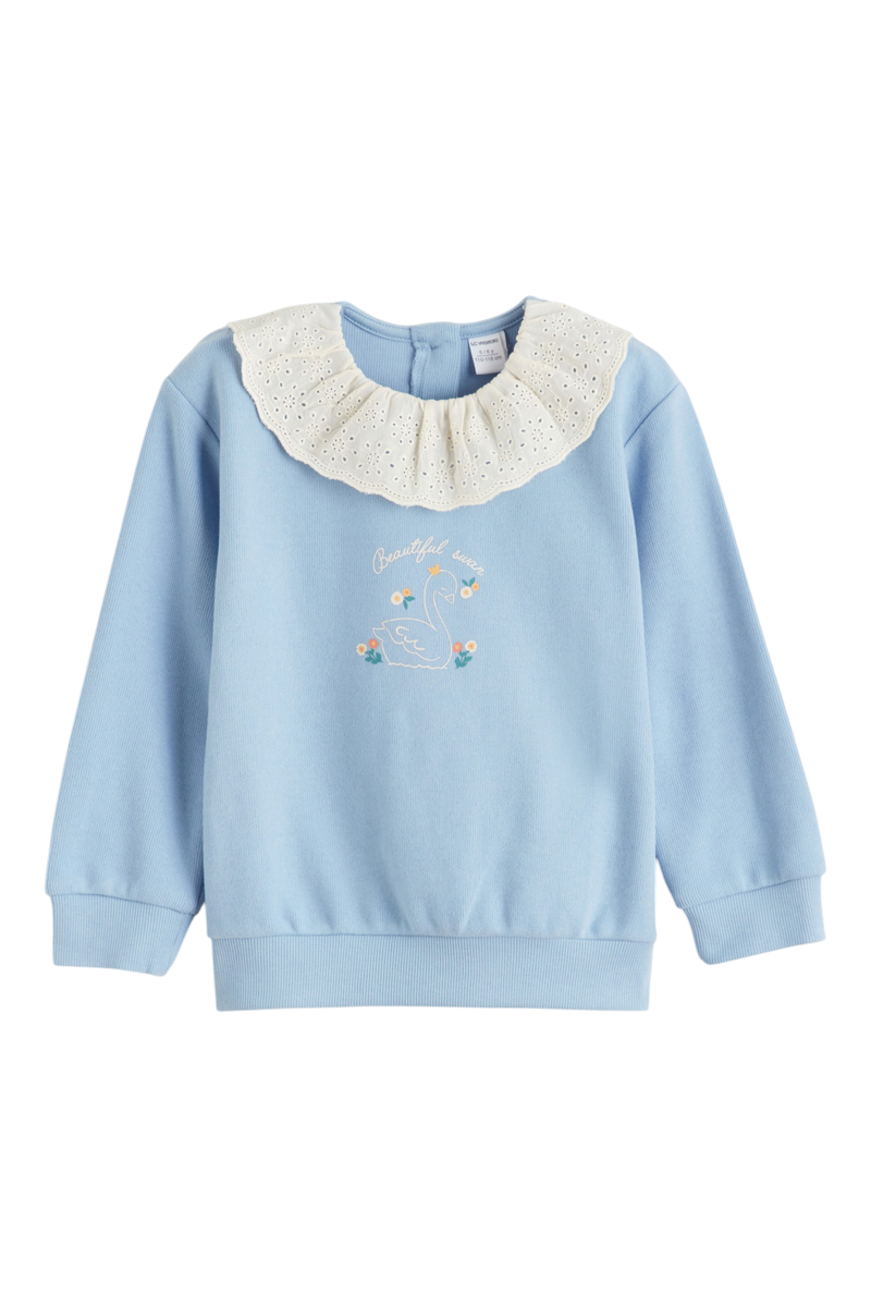 Sporline LC Waikiki pastel mavi, yakası dantel detaylı, kuğu baskılı pamuklu çocuk sweatshirt
