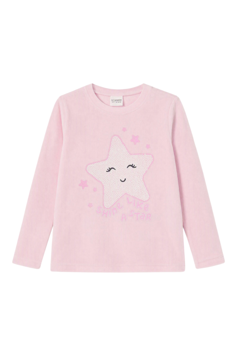 Sporline LC Waikiki bebek pembe renkli, yıldız desenli ve bisiklet yakalı uzun kollu kız çocuk pijama üstü