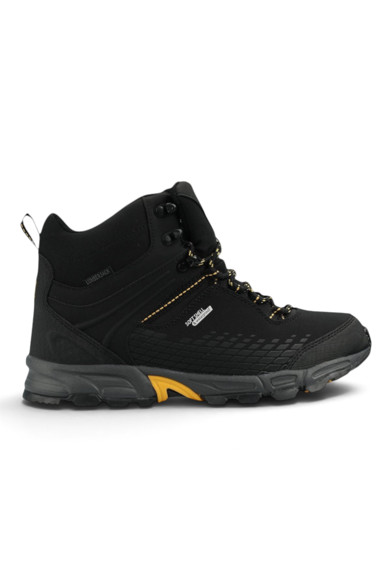 Sporline Lumberjack 4W Flake Hi siyah erkek outdoor bot, softshell su geçirmez yüzey ve sarı detaylı taban tasarımı.