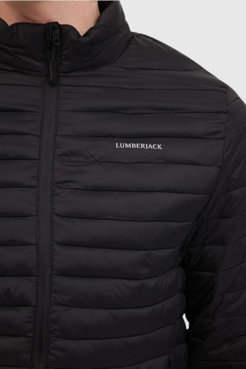 Sporline Lumberjack ML Perry siyah erkek şişme mont, %100 polyester, dik yaka ve fermuarlı tasarım.