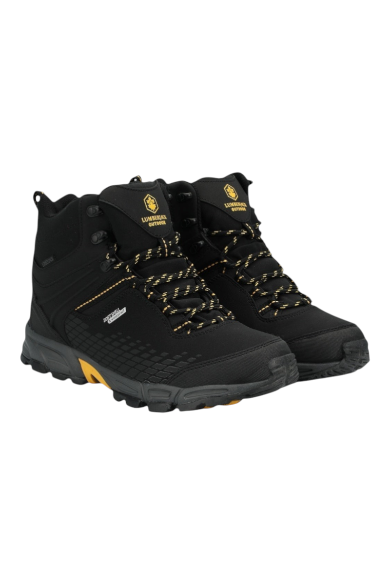 Sporline Lumberjack 4W Flake Hi siyah erkek outdoor bot, sarı detaylı bağcıklı ve dayanıklı softshell tasarım.