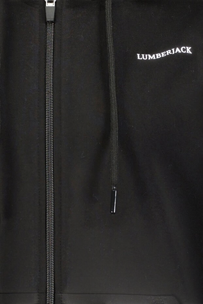 Sporline Lumberjack siyah fermuarlı kapüşonlu kadın sweatshirt, regular kesim ve göğüs kısmında marka logolu