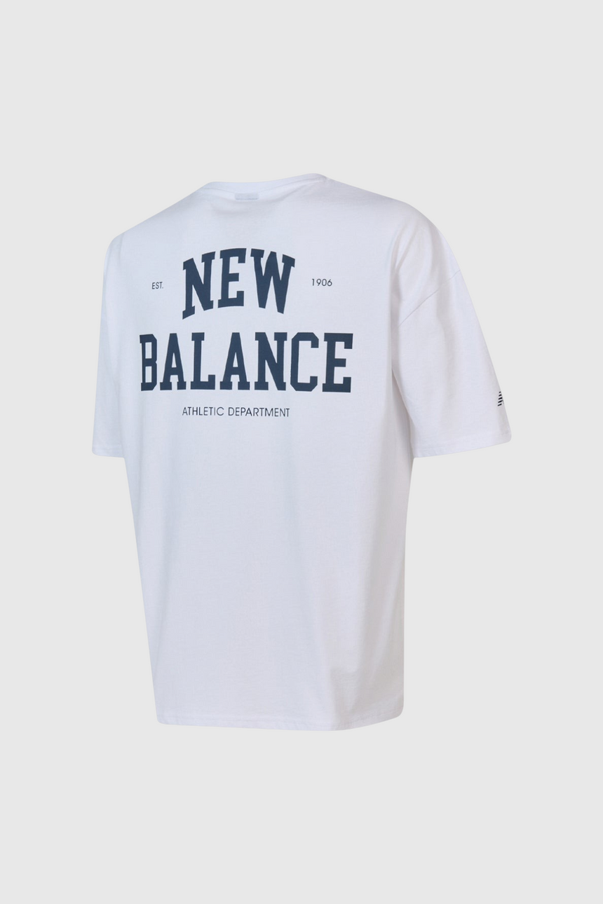Sporline New Balance beyaz erkek tişört, sırt kısmında lacivert logolu, kısa kollu pamuklu spor üst