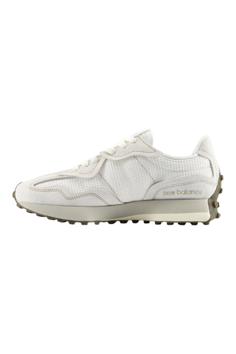 Sporline New Balance U327W2L5 beyaz unisex spor ayakkabı, yan profil görünümü, süet ve tekstil detaylı tasarım