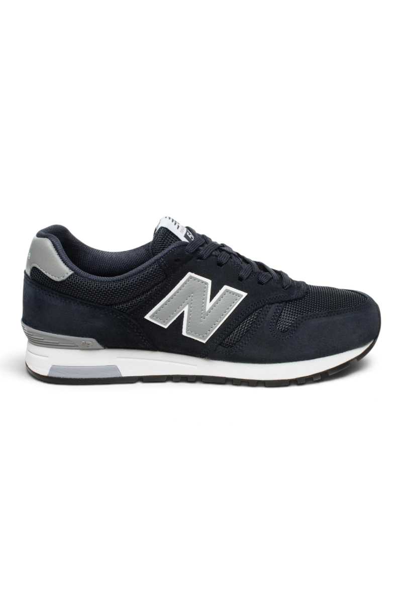 Sporline New Balance ML565NVY lacivert süet ve tekstil günlük erkek spor ayakkabı, yan profil görünümü.