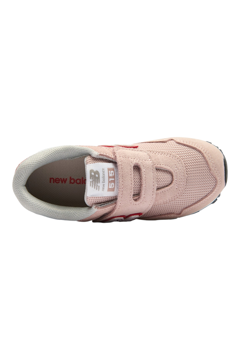 Sporline New Balance 515 pembe çocuk spor ayakkabısı, süet ve file detaylı, cırt cırtlı tasarım, üstten görünüm.