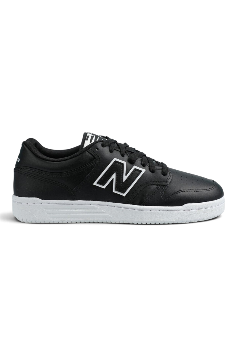 Sporline New Balance BB480LBT unisex siyah beyaz deri günlük spor ayakkabı, yan profil görünümü