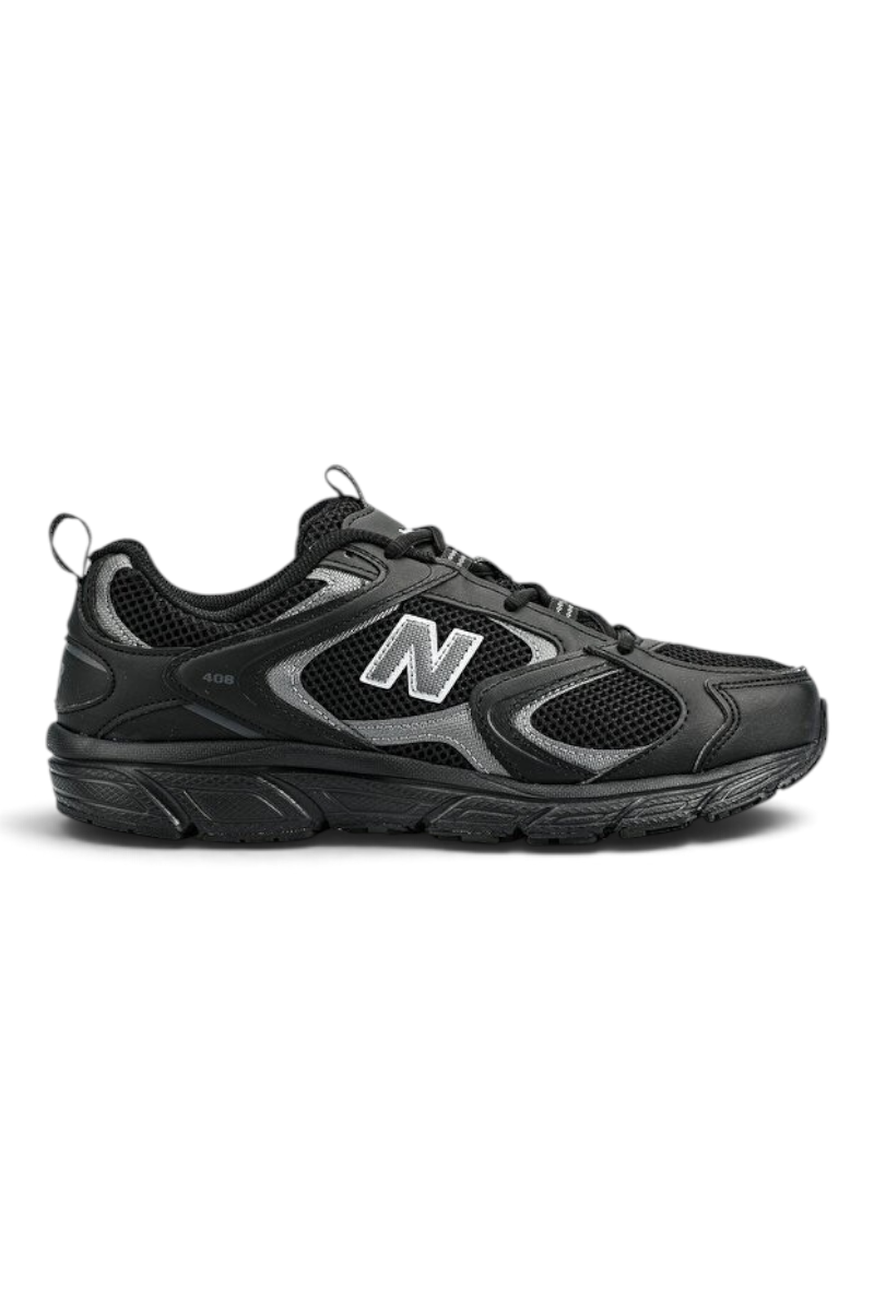 Sporline New Balance M408 siyah unisex spor ayakkabı, microfiber ve tekstil detaylı, bağcıklı günlük yürüyüş modeli.