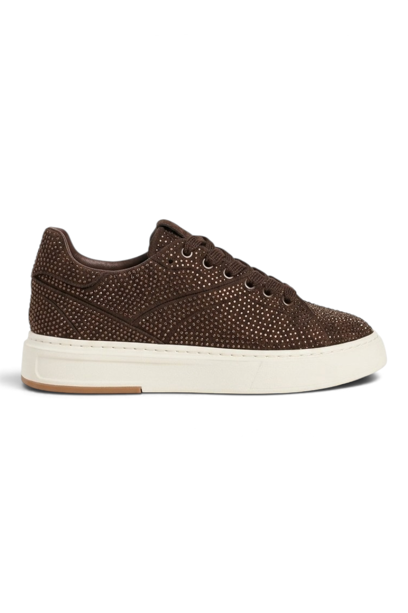 Sporline Park Moda kahverengi tekstil kadın sneaker, üzerinde küçük metalik detaylar ve beyaz kalın taban bulunur.