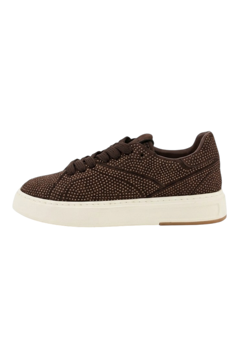 Sporline Park Moda kadın siyah tekstil sneaker, yan görünüm, detaylı noktasal desenli yüzey ve beyaz taban.