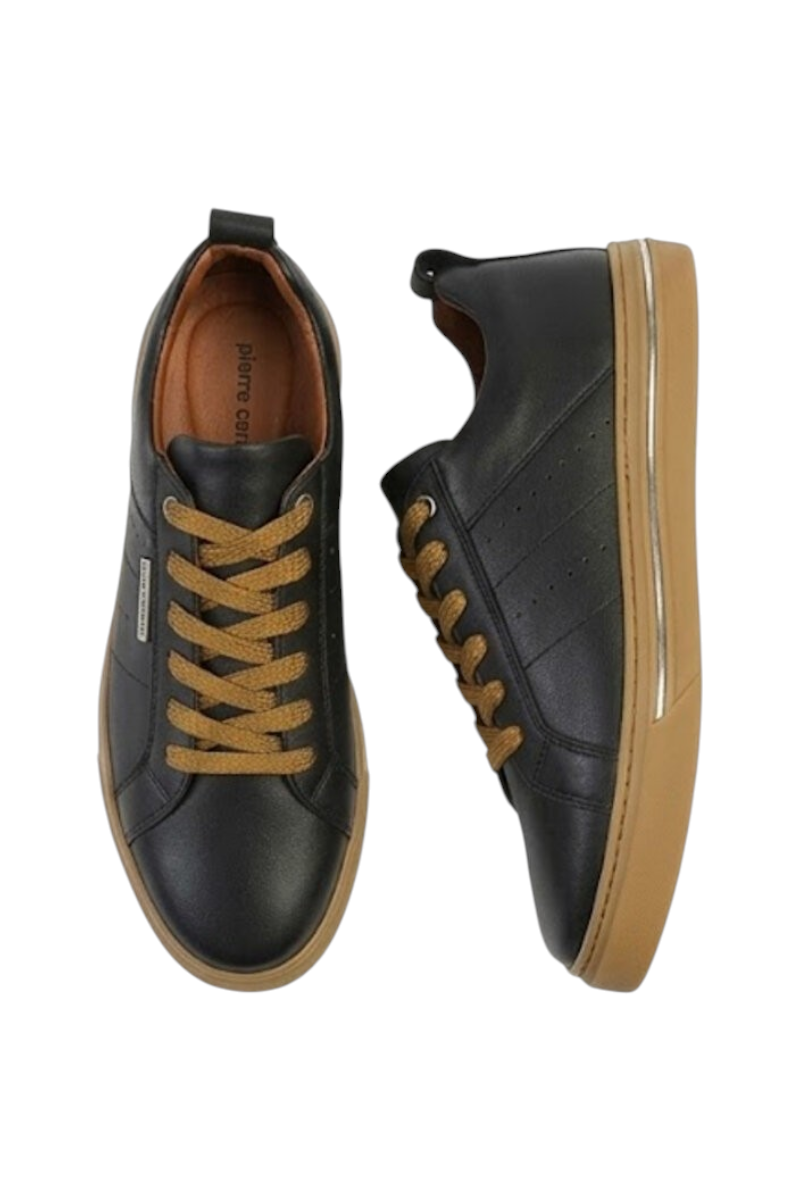 Sporline Pierre Cardin 42095 siyah erkek sneaker, taba rengi bağcıklı ve kauçuk tabanlı günlük spor ayakkabı.