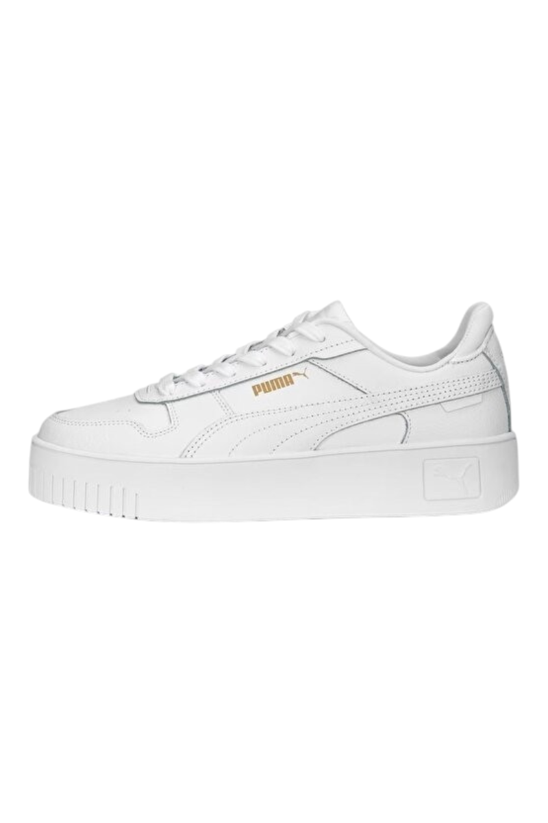 Sporline Puma Carina Street beyaz PU kadın sneaker, yan kısımda altın rengi Puma logosu ve kalın taban tasarımı.