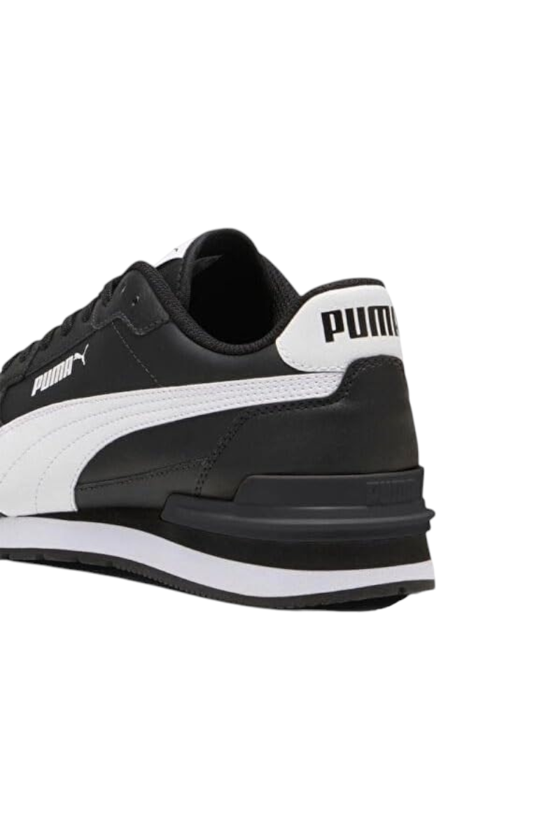 Sporline Puma ST Runner v4 L erkek spor ayakkabı, siyah deri yüzeyli ve beyaz detaylı klasik tasarım