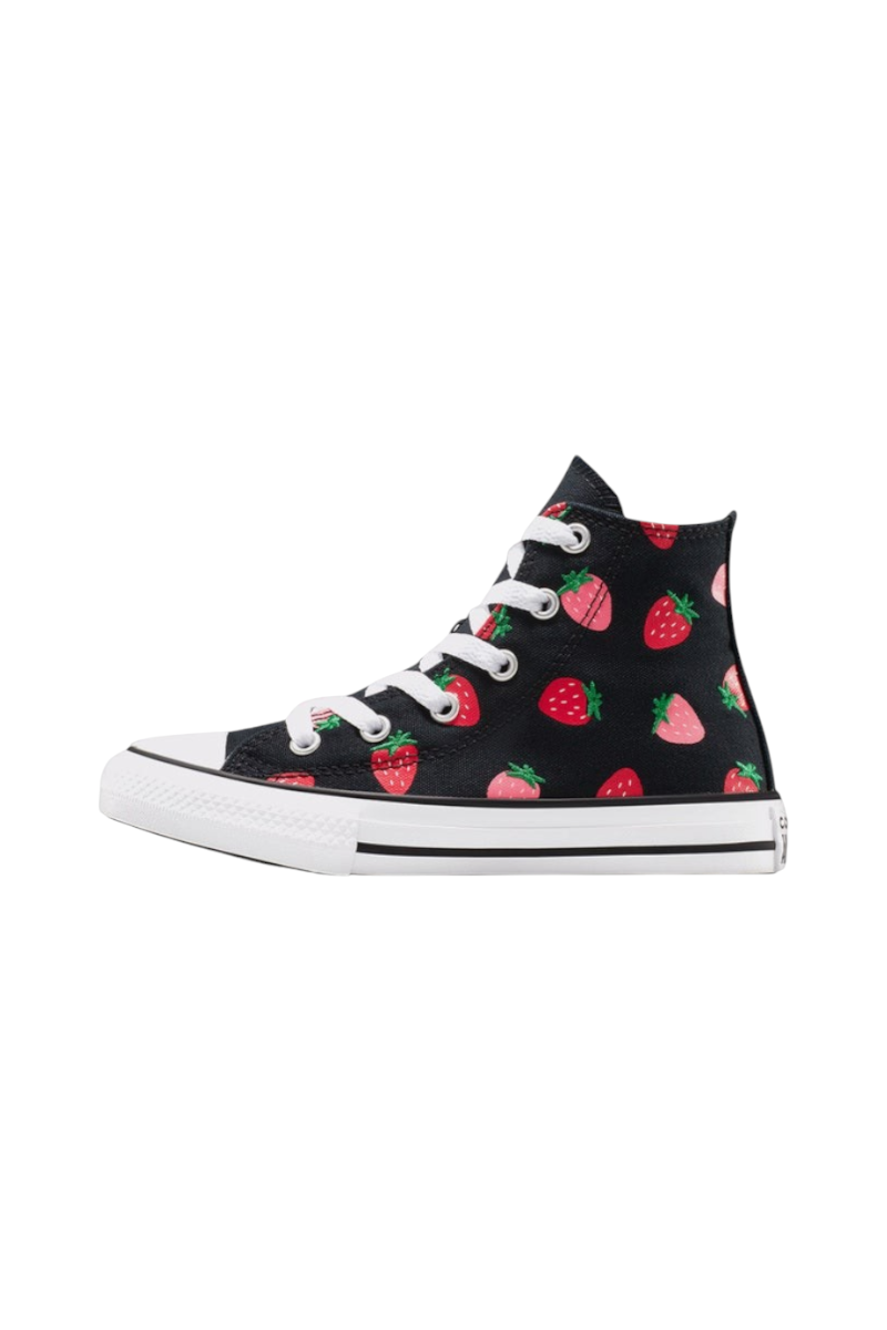 Sporline Converse Chuck Taylor All Star siyah kanvas ayakkabı, üzerinde kırmızı çilek desenleri ve beyaz bağcıklar