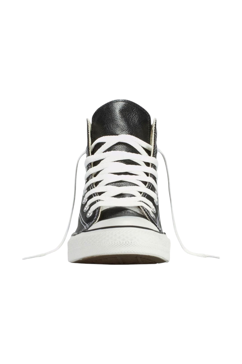 Sporline marka siyah deri Converse Chuck Taylor All Star yüksek bilekli spor ayakkabı, beyaz bağcıklı ön görünüm