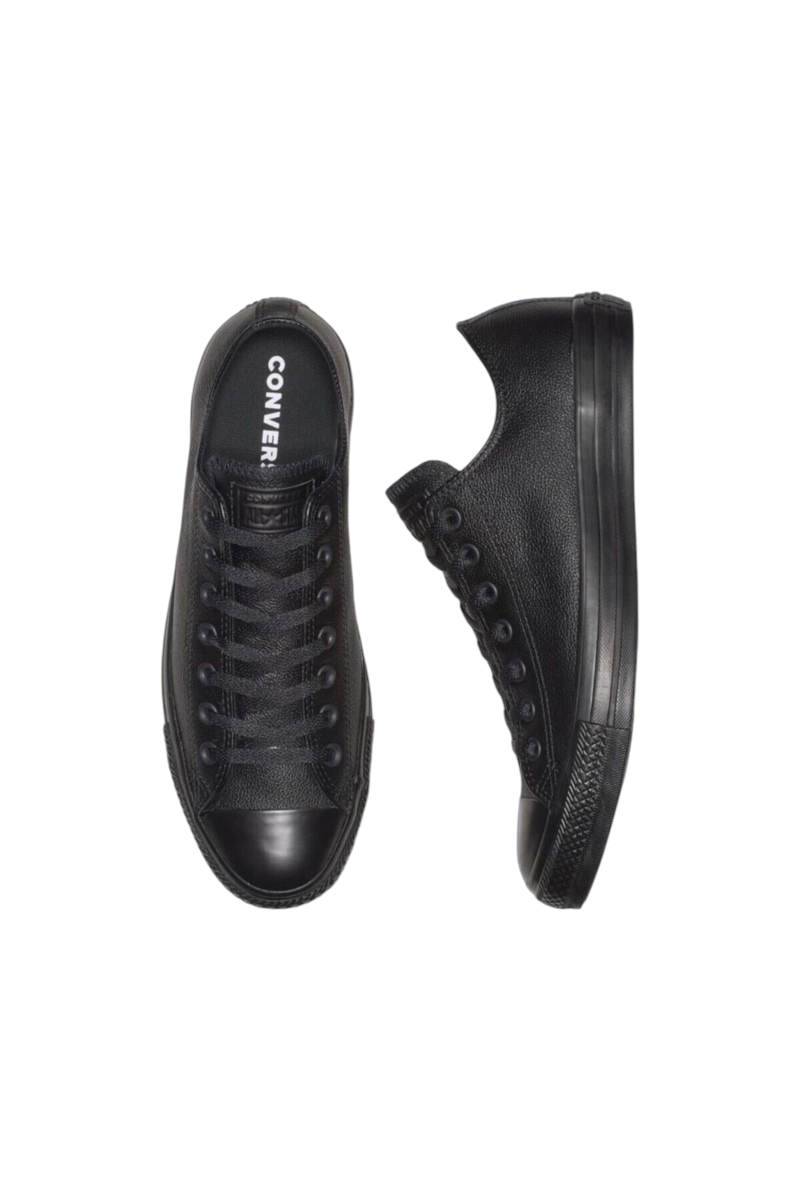 Sporline marka siyah deri Converse Chuck Taylor All Star kadın sneaker ayakkabı üst ve yan görünüm