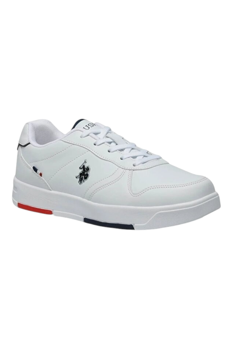 Sporline U.S. Polo Assn. beyaz kadın sneaker, PU deri malzeme ve yan tarafta ikonik logo detayı.