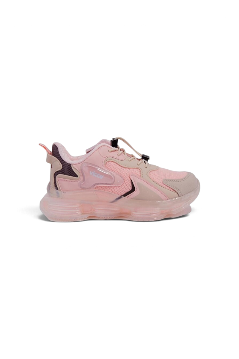 Sporline Vicco pudra pembe suni deri çocuk sneaker, yan profil görünümü ve şeffaf taban detaylı tasarım.
