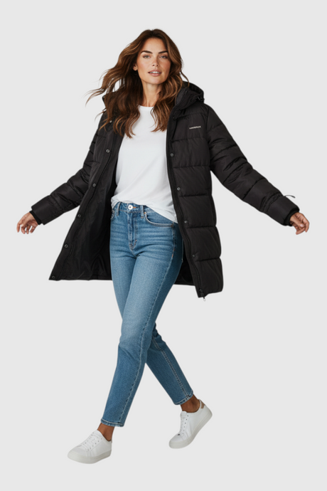 Sporline Lumberjack Wl Karina siyah regular kesim kapüşonlu kadın mont giyen model