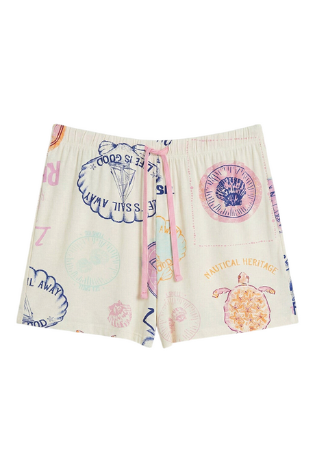 Sporline LC Waikiki açık bej renkli, deniz temalı desenli ve pembe bağcıklı kadın pijama şortu