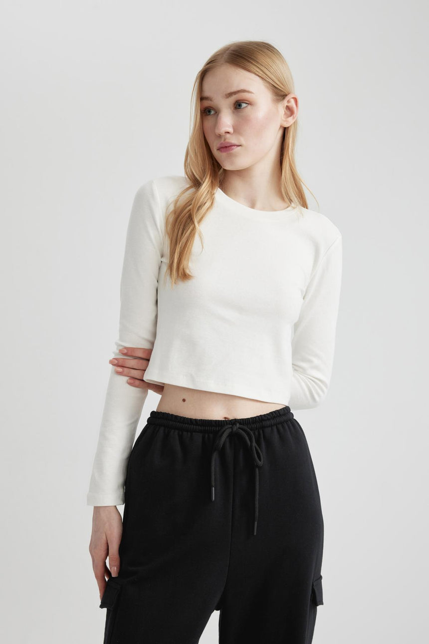 Defacto Kadın Long Sleeve T-Shirt A8311Ax - Kırık Beyaz