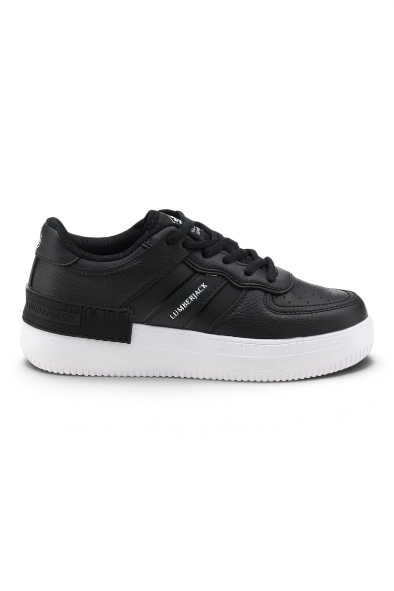 Sporline Lumberjack Freya kadın siyah deri ve tekstil sneaker, beyaz tabanlı günlük spor ayakkabı.