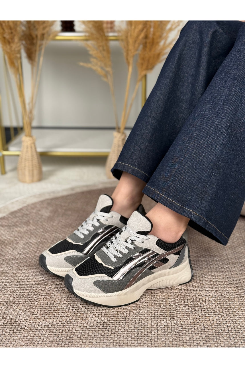 Rovena Kadın Gri Gümüş Yüksek Taban Bağcıklı  Sneaker Spor Ayakkabı - Gri