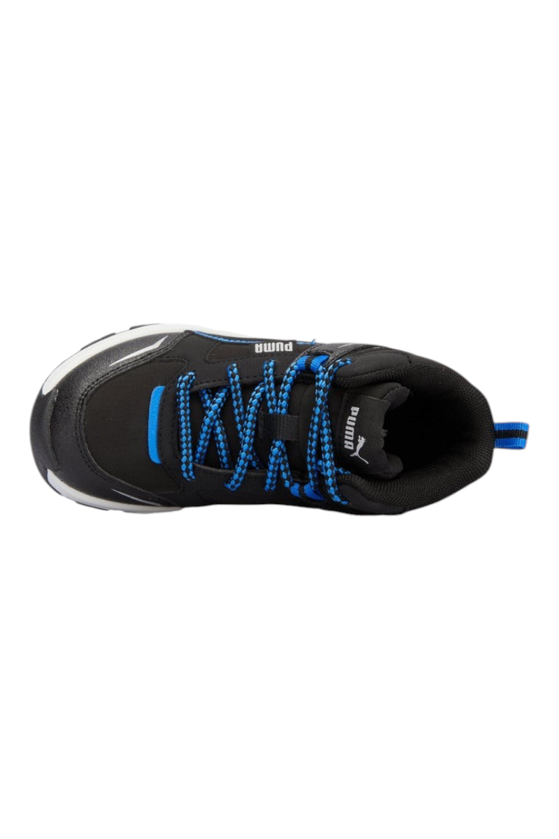 Sporline Puma Evolve Trail PS çocuk spor ayakkabısı, siyah ve canlı mavi renk detaylı, üstten görünüm.