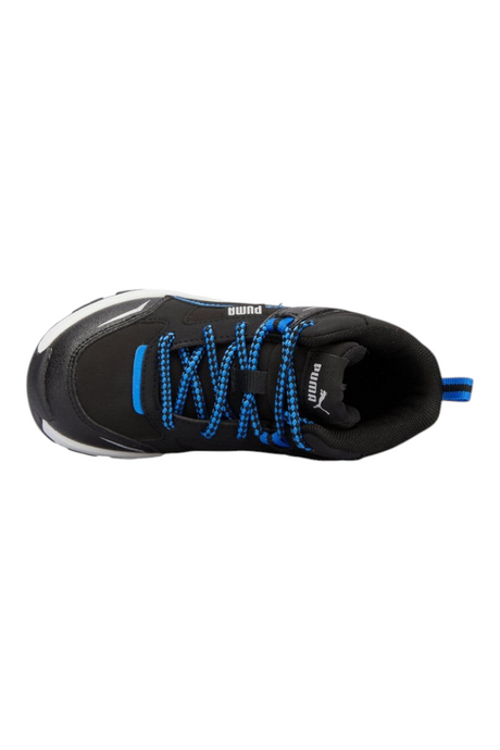 Sporline Puma Evolve Trail PS çocuk spor ayakkabısı, siyah ve canlı mavi renk detaylı, üstten görünüm.