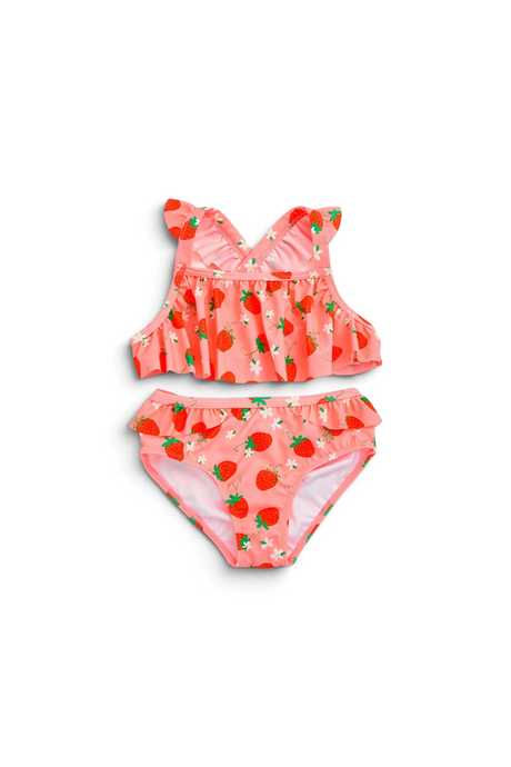 Sporline LC Waikiki pembe çilek desenli fırfırlı kız çocuk bikini takımı