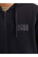 Jack & Jones Corp Logo Erkek Kapüşonlu Fermuarlı Sweatshirt 12265177 - Siyah