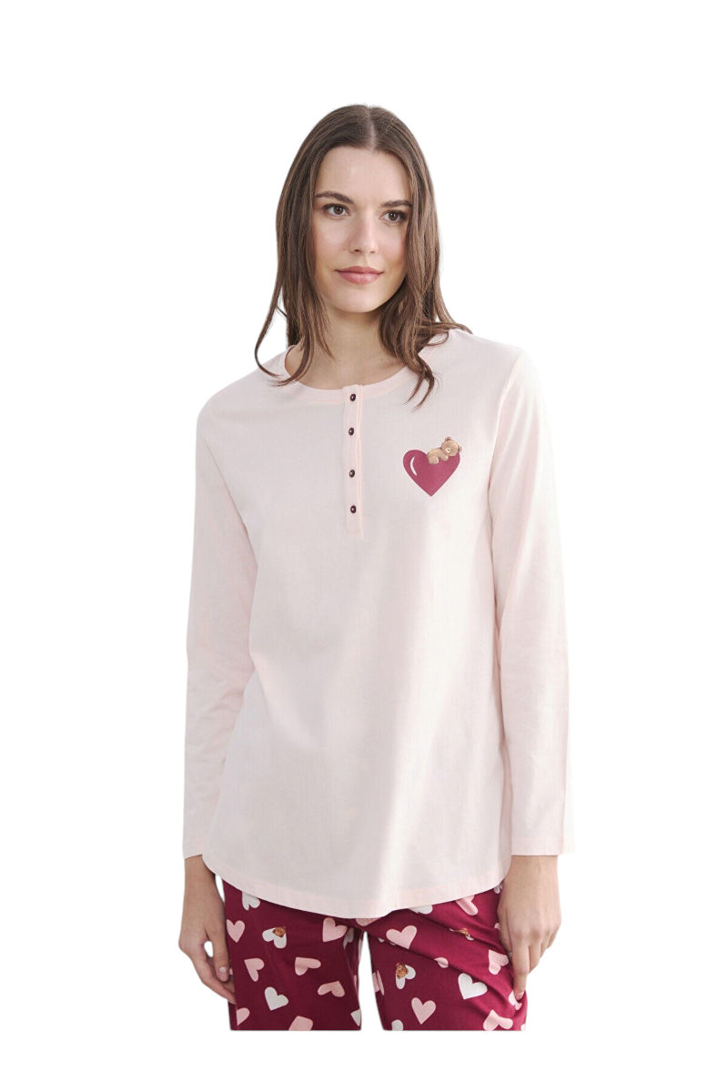 Sporline LC Waikiki kadın pijama takımı, kalp desenli koyu kırmızı alt ve pembe düğmeli üst, %100 pamuklu rahat kesim
