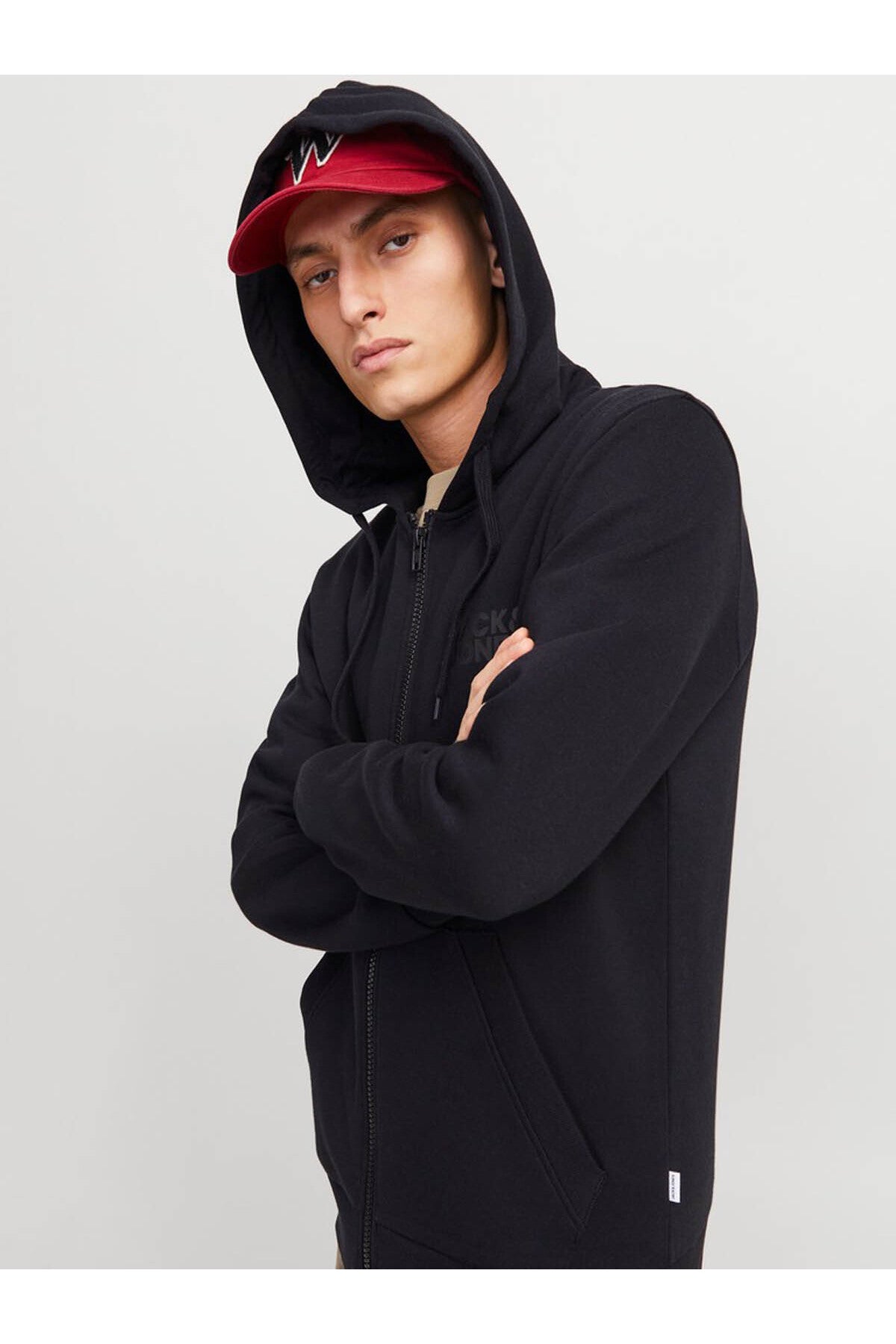 Jack & Jones Corp Logo Erkek Kapüşonlu Fermuarlı Sweatshirt 12265177 - Siyah
