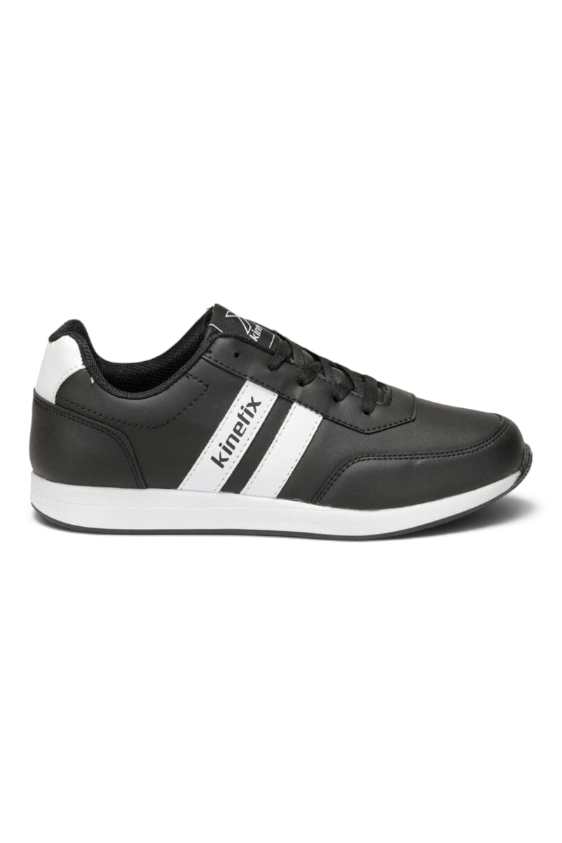Sporline Kinetix Reeds siyah suni deri erkek sneaker, yan tarafında beyaz şerit detaylı günlük spor ayakkabı.