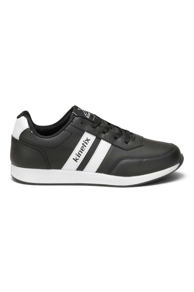 Sporline Kinetix Reeds siyah suni deri erkek sneaker, yan tarafında beyaz şerit detaylı günlük spor ayakkabı.