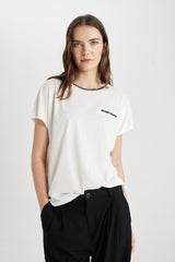 DeFacto K7701AZ Kadın T-Shirt - Ekru
