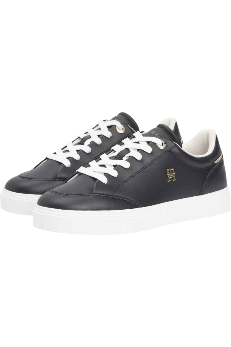 Sporline Tommy Hilfiger siyah deri kadın sneaker, beyaz bağcıklı ve kalın tabanlı günlük spor ayakkabı