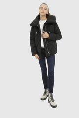 Sporline Lumberjack siyah kadın şişme mont, %100 polyester, kapüşonlu ve regular kesim tasarım