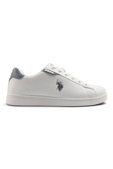Sporline U.S. Polo Assn. erkek beyaz PU sneaker, yan kısmında marka logolu ve lacivert detaylı günlük spor ayakkabı.