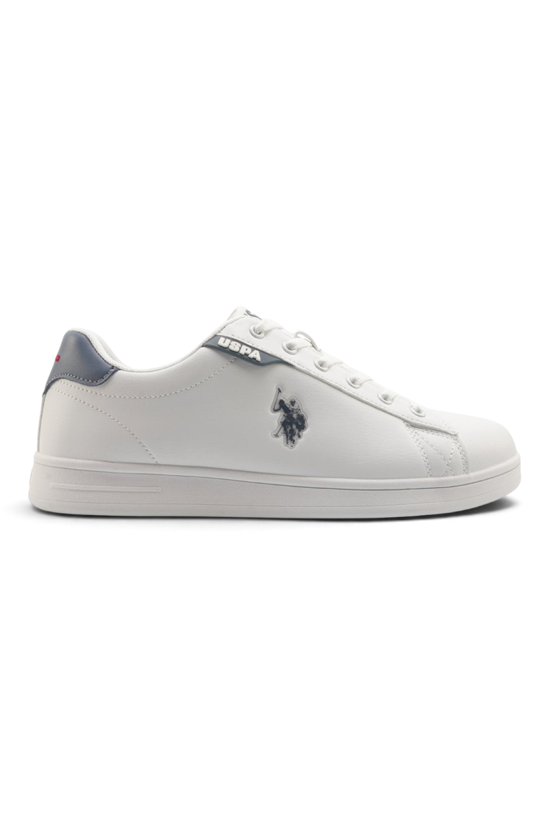 Sporline U.S. Polo Assn. erkek beyaz PU sneaker, yan kısmında marka logolu ve lacivert detaylı günlük spor ayakkabı.