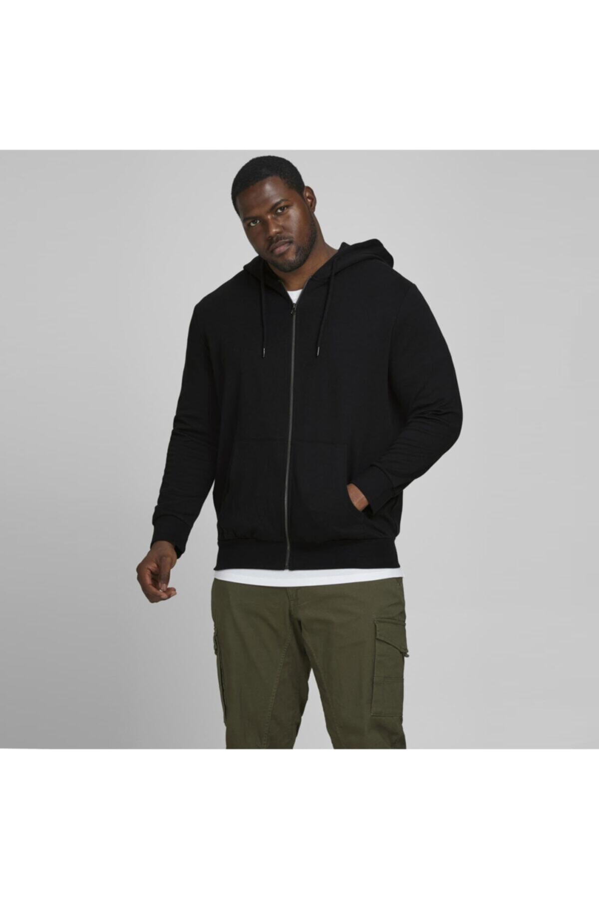 Jack & Jones Basic Erkek Büyük Beden Kapüşonlu Fermuarlı Sweatshirt 12182493 - Siyah