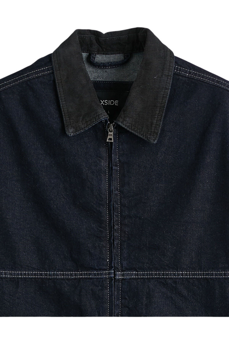 Sporline LC Waikiki koyu mavi renkli, kadife yakalı ve fermuarlı erkek denim ceket
