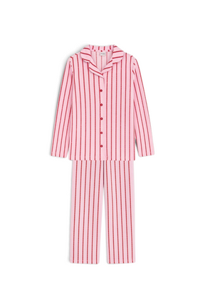 Sporline LC Waikiki kız çocuk açık pembe renkli, kırmızı kalp desenli ve düğmeli uzun kollu pijama takımı