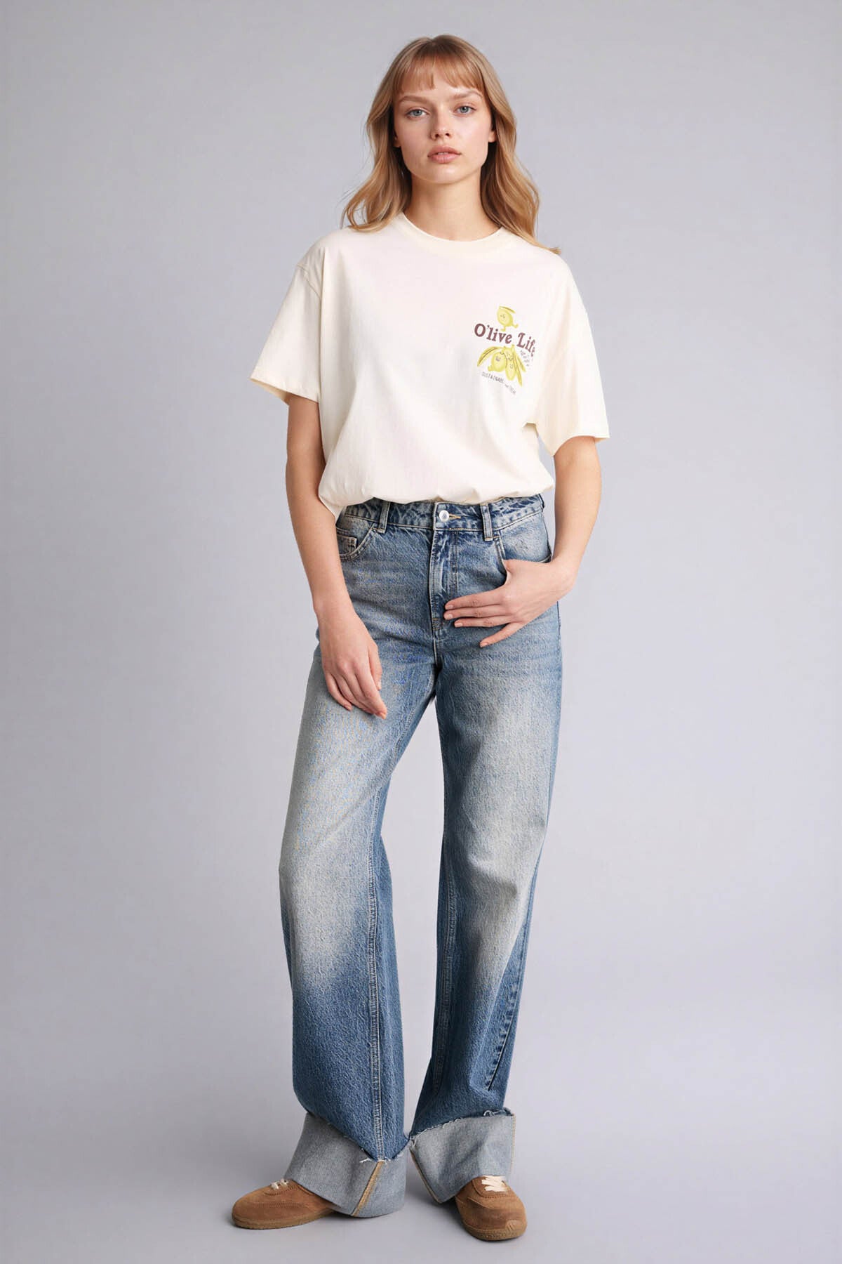 Defacto Kadın Short Sleeve T-Shirt G2471AX - Ekru