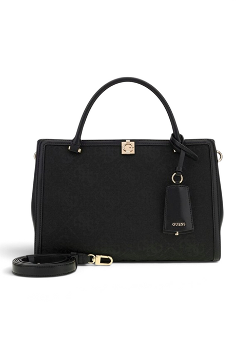 Sporline Guess Audrey siyah logolu kadın satchel el çantası, şık tasarımı ve altın rengi metal detaylarıyla.