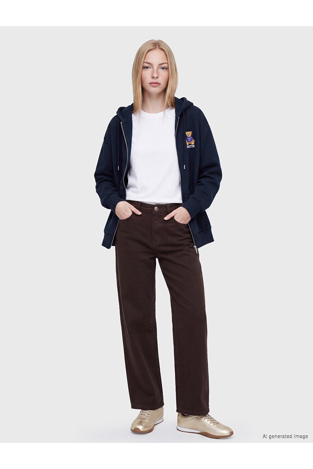 LC Waikiki Kadın Nakışlı Oversize Sweat Hırka W6Y753B8 - Koyu Lacivert
