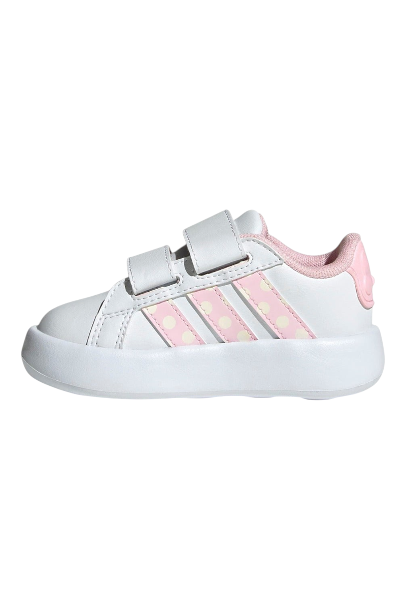 Sporline adidas Grand Court Minnie çocuk sneaker, beyaz suni deri yüzeyli, pembe puantiyeli detaylı cırt cırtlı ayakkabı
